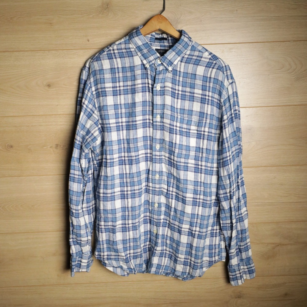 J Crew Slim Fit‎ Blue Plaid Linen Button Down Shirt Mens Size L